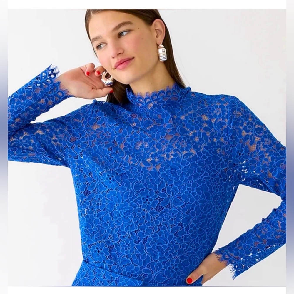 J. Crew scalloped lace Mock neck top Size 2 Cobalt blue